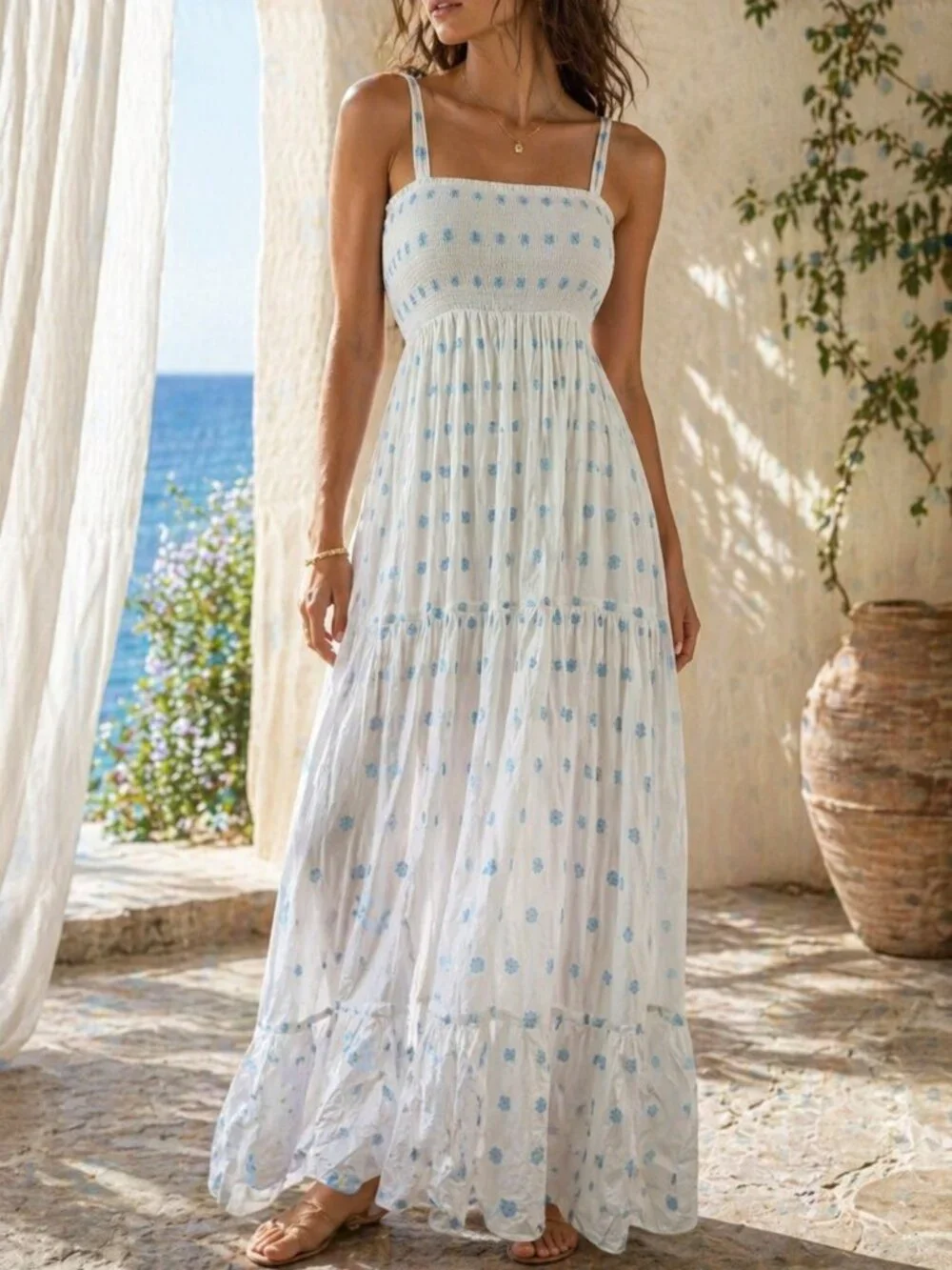 Zara Floral Embroidered Tiered Maxi Sundress Smocked White Blue Dress Size Large - Picture 1 of 16